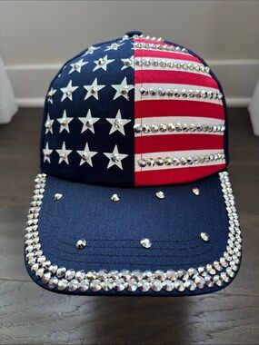 MADD Hatter Rhinestone American Flagstudded cap/hat,cotton,Velcro back,patriotic